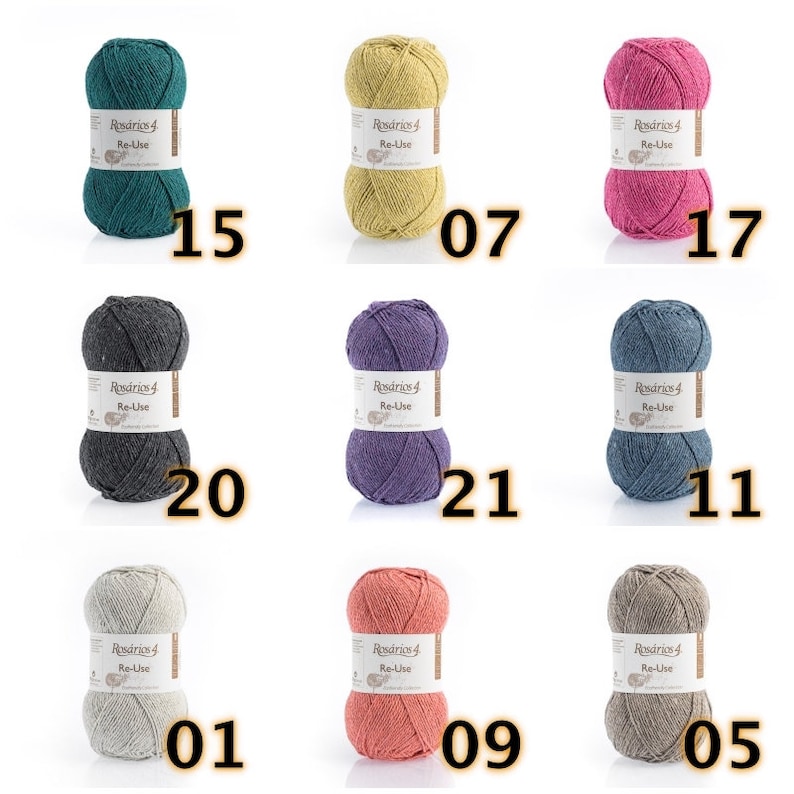 May include: Nine balls of yarn in various colors, including teal, yellow, pink, gray, purple, blue, beige, coral, and brown. Each ball has a label that reads "Ros&aacute;rios 4 Re-Use".