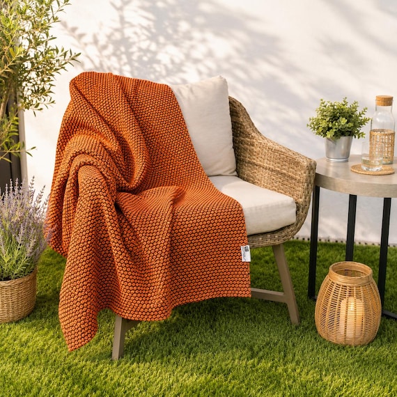 Orange Cotton Blanket | Woven Throw Durable Sofa Slip Cover | Boho Bedspread Made In Portugal | Sustainable Modern Traditional Home Decor
