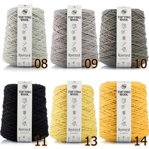 May include: Six spools of yarn in various colors, including light gray, gray, black, and yellow. Each spool is labeled "Tufting Wool" and "Ros&aacute;rios 4".