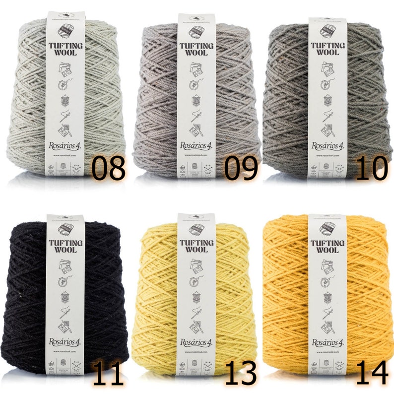 May include: Six spools of yarn in various colors, including light gray, gray, black, and yellow. Each spool is labeled "Tufting Wool" and "Ros&aacute;rios 4".