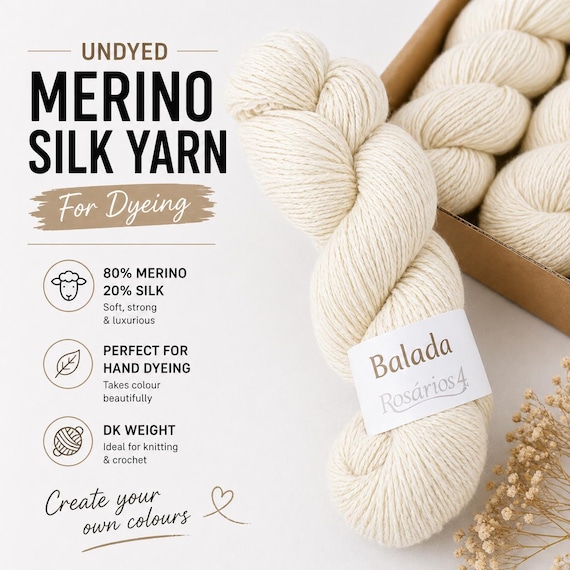 Undyed Merino Silk Yarn Blend – Bare DK Wool for Dyeing, Natural 100g Skein for Knitting Crochet