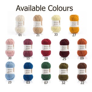 May include: A collection of fourteen skeins of Ros&aacute;rios 4 Bio-Wool yarn in various colors, each with a white label featuring the brand name and color number. The colors include white, beige, yellow, orange, pink, red, burgundy, blue, green, and brown.
