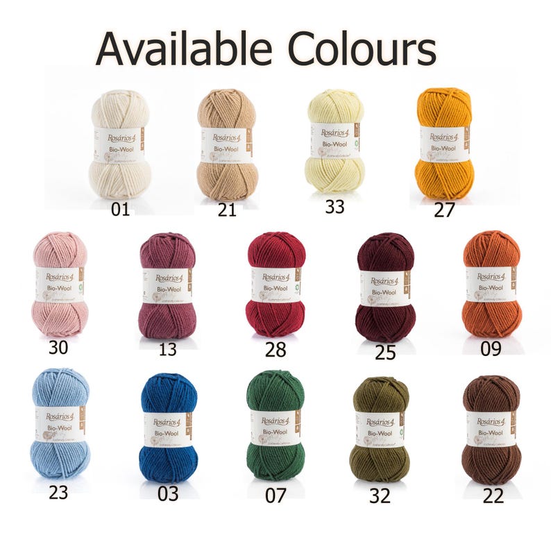 May include: A collection of fourteen skeins of Ros&aacute;rios 4 Bio-Wool yarn in various colors, each with a white label featuring the brand name and color number. The colors include white, beige, yellow, orange, pink, red, burgundy, blue, green, and brown.