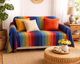 Recycled Cotton Blanket Throw | Colourful Rainbow Bedspread | Large Sofa Slip Cover | Modern Traditional Home Decor 1.80 x 2.10 m