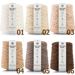 May include: Six spools of yarn in various shades of beige, brown, and white. Each spool is labeled "Tufting Wool" and "Ros&aacute;rios 4".