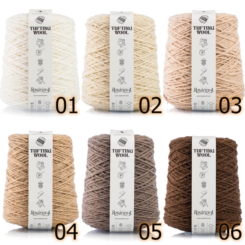 May include: Six spools of yarn in various shades of beige, brown, and white. Each spool is labeled "Tufting Wool" and "Ros&aacute;rios 4".