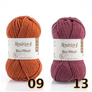 May include: Two skeins of Ros&aacute;rios 4 Bio-Wool yarn, one in a burnt orange color labeled 09 and one in a deep plum purple color labeled 13. Each skein features a white paper band with the brand name, product name, and a dandelion graphic.