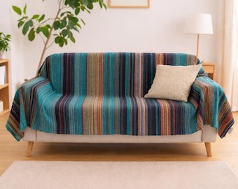 Turquoise Throw Blanket | Recycled Cotton Durable Sofa Cover | Boho Bedspread Portuguese Woven | Sustainable Modern Traditional Home Decor