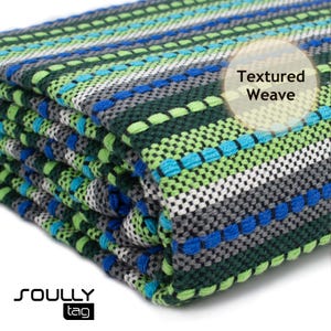May include: Folded textile with a textured weave, featuring a pattern of green, blue, gray, and white stripes. The text "Textured Weave" is overlaid on the image. The "SOULLY tag" logo is visible in the bottom left corner.