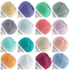 May include: A collection of sixteen round balls of yarn in various solid colors including yellow, purple, green, grey, blue, pink, and beige. Each ball features a white paper label with the text Ros&aacute;rios 4 printed in black on the front.