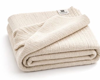 Recycled Cotton Blanket | Portuguese Woven Sofa Throw | Large Bedspread 170x220cm | Natural Cotton Sustainable Home Decor