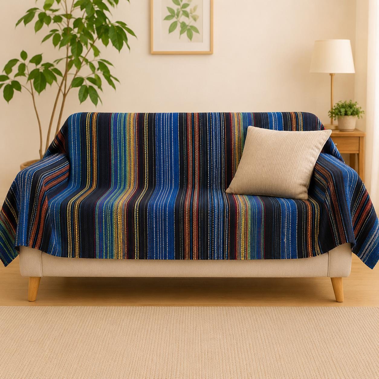 Recycled Cotton Throw Blanket | Durable Sofa Slip Cover |  Boho Bedspread Hand Woven | Sustainable Modern Traditional Home Decor