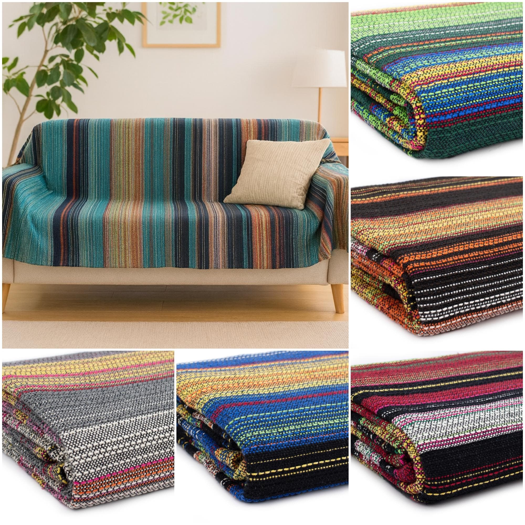 Recycled Cotton Throw Blanket | Durable Sofa Slip Cover |  Boho Bedspread Hand Woven | Sustainable Modern Traditional Home Decor