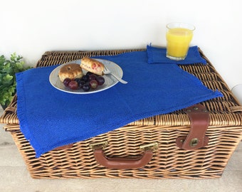 Table Mats - Recycled Cotton Blue Placemats Set - 4 placemats + 4 coasters - Tableware - Fabric Placemat for Dining / Outdoor / Garden Table