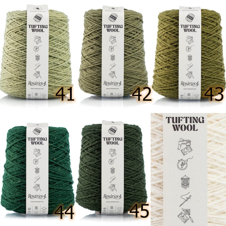 May include: Ten spools of green and cream colored yarn labeled "Tufting Wool" and "Ros&aacute;rios 4".