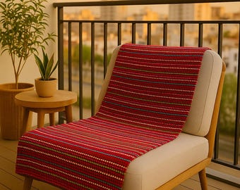 Red Recycled Cotton Throw Blanket | Durable Sofa Slip Cover |  Boho Bedspread Portuguese Woven | Sustainable Modern Traditional Home Decor