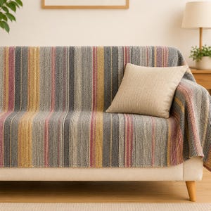 Recycled Cotton Throw Blanket | Durable Sofa Slip Cover |  Boho Bedspread Portuguese Hand Woven | Sustainable Modern Traditional Home Decor