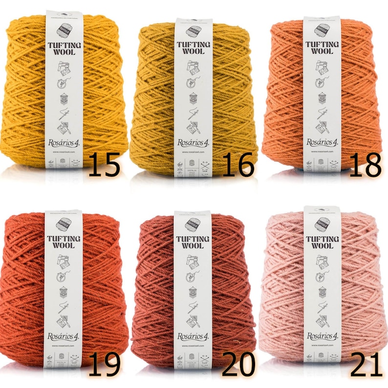 May include: Six spools of yarn in various shades of yellow, orange, and pink. Each spool is labeled "Tufting Wool" and "Ros&aacute;rios 4."