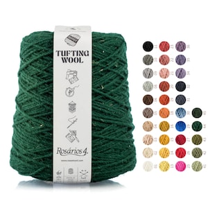 May include: A spool of dark green wool yarn labeled "Tufting Wool" with a white label that includes the brand name "Ros&aacute;rios 4." and the website address "www.rosarios4.com". The label also includes illustrations of various uses for the yarn, including rug tufting, embroidery, and macrame. A color chart of 45 different colors of yarn is shown to the right of the spool.