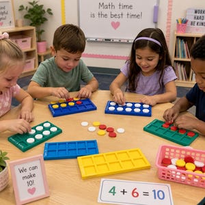 May include: Four children sit at a round table using plastic ten-frame math manipulatives in blue, green, and yellow. They place red and white circular counters into the frames. A pink basket holds extra counters, and a sign reads 4 + 6 = 10.