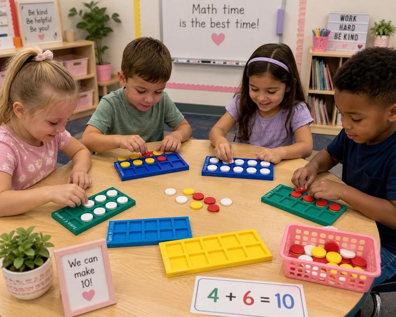 May include: Four children sit at a round table using plastic ten-frame math manipulatives in blue, green, and yellow. They place red and white circular counters into the frames. A pink basket holds extra counters, and a sign reads 4 + 6 = 10.