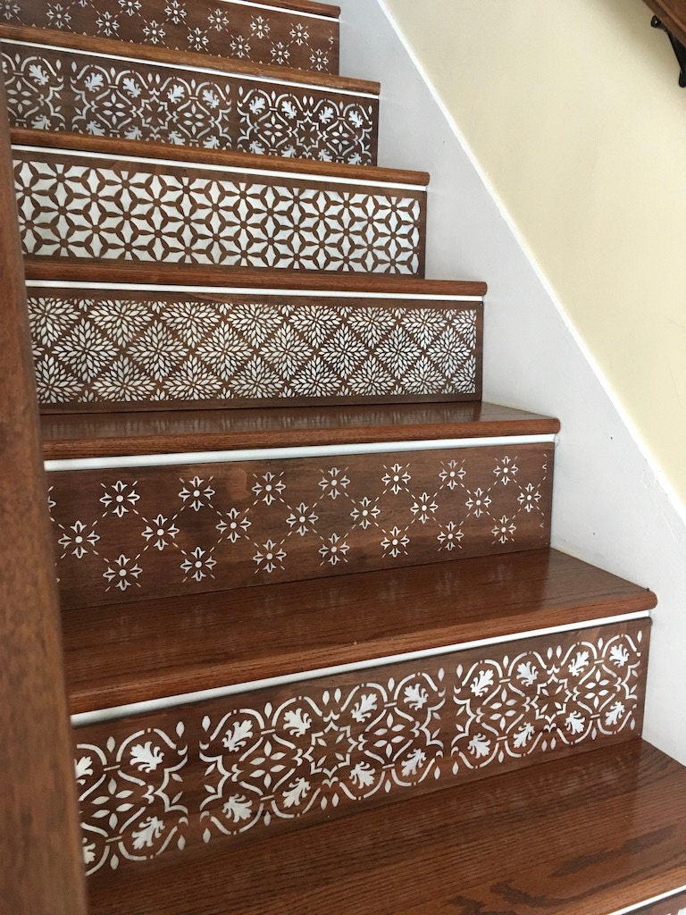 Stair Riser Wood Pattern Design Custom Hand-painted Wood Stair Riser: Ornate Patterned Stair Decor ...