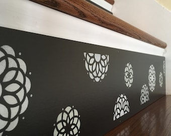 Custom Hand-Painted Birch Wood Stair Riser: Black White Floral Decor