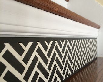 Custom Hand-Painted Wood Stair Riser: Black White Herringbone Decor