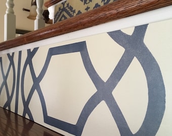 Custom Hand-Painted Birch Wood Stair Riser: Modern Trellis Pattern