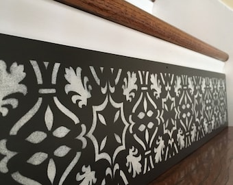 Custom Hand-Painted Birch Wood Stair Riser: Black Damask Home Decor