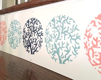 Hand-Painted Birch Wood Stair Riser: Coral Sea Fan Beach House Decor