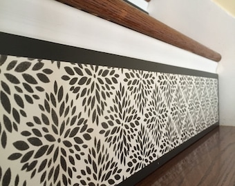 Custom Hand-Painted Wood Stair Riser: Black White Floral Home Decor