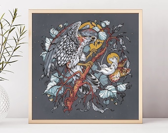 Hawk Art Print - Messenger Illustration - 8x8 Art Print - Bird Wall Art
