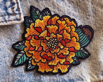 Marigold Embroidered Iron on Patch - Embroidered Flower Patch - 3x3 Patch