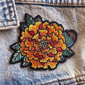 Marigold Embroidered Iron on Patch - Embroidered Flower Patch - 3x3 Patch