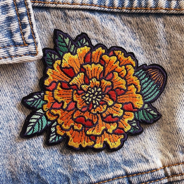 Marigold Embroidered Iron on Patch - Embroidered Flower Patch - 3x3 Patch