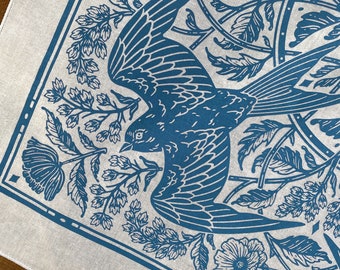 Barn Swallow Bandana - Screen Printed - 100% Cotton - Botanical Flower Hair Scarf - Tarot Altar Cloth - Boho Tapestry - Floral Art Nouveau