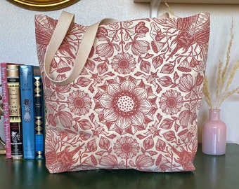 Dusty Rose Tote Bag - Lotus & Beetle Design - Limited Edition - Screen Printed - Reusable, Eco-friendly - Cotton, Canvas Bag - Botanical