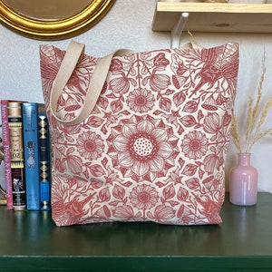 Dusty Rose Tote Bag - Lotus & Beetle Design - Limited Edition - Screen Printed - Reusable, Eco-friendly - Cotton, Canvas Bag - Botanical
