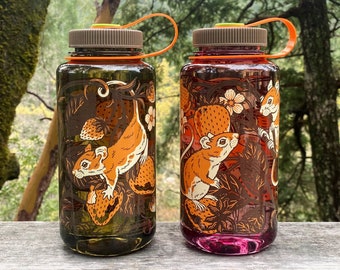 Nalgene Water Bottle - Mice & Strawberries Art - 32 oz Wide Mouth Bottle - Screen Printed - BPA Free - Made in USA - Botanical Mouse Design