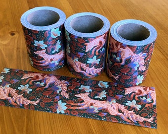 Foxes Packing Tape - Dark Green - Gummed Paper Tape - Animal, Nature, Botanical, Art Nouveau - Eco-Friendly, Recyclable - Water Activated