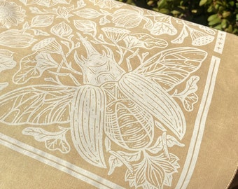 Lotus & Beetle Bandana - Screen Printed - 100% Cotton - Botanical Hair Scarf - Tarot Altar Cloth - Boho Tapestry - Floral Art Nouveau