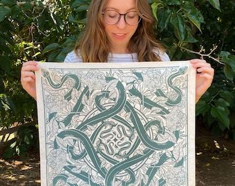 Floral Snake Bandana - Screen Printed - 100% Cotton - Nature Hair Scarf - Tarot Altar Cloth - Boho Tapestry - Botanical Art Nouveau