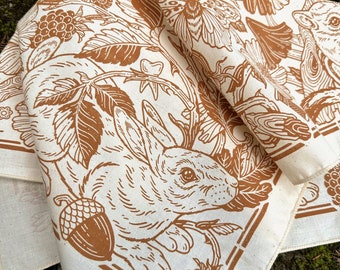 Thicket Bandana - Russet - Screen Print 100% Cotton - Floral Hair Scarf - Boho Altar Cloth - Botanical Nature Art - Rose Chipmunk Rabbit