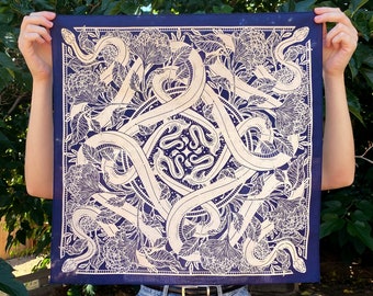 Floral Snake Bandana - Lapis - Screen Printed Bandana Pattern - Cotton Bandana - Botanical Hair Scarf - Tarot Altar Cloth - Art Nouveau