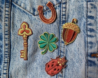 Lucky Embroidered Patches - Horseshoe, Four Leaf Clover, Key, Ladybug, Acorn - Iron on Patch - Good Luck Mini Patches - Jean Jacket Patch