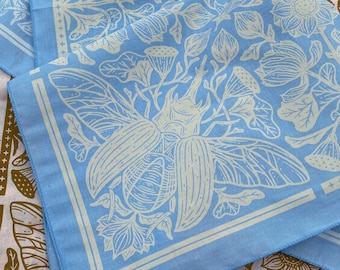 Lotus & Beetle Bandana - Periwinkle - Screen Printed Bandana Pattern - Cotton Bandanas - Botanical Hair Scarf