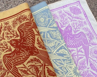 Bandana hirondelle rustique - sérigraphie - 100 % coton - foulard pour cheveux fleurs botaniques - nappe d'autel tarot - tapisserie bohème - Art nouveau floral