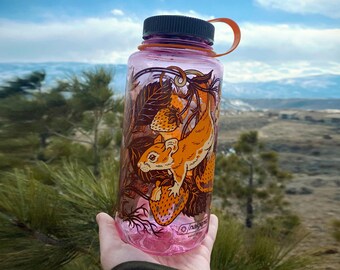 Nalgene Water Bottle - Mice & Strawberries Artwork - 32 oz Wide Mouth Bottle - Screen Printed - BPA Free - Made in USA - Botanical Design