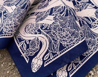 Floral Snake Bandana - Screen Printed - 100% Cotton - Nature Hair Scarf - Tarot Altar Cloth - Boho Tapestry - Botanical Art Nouveau Design